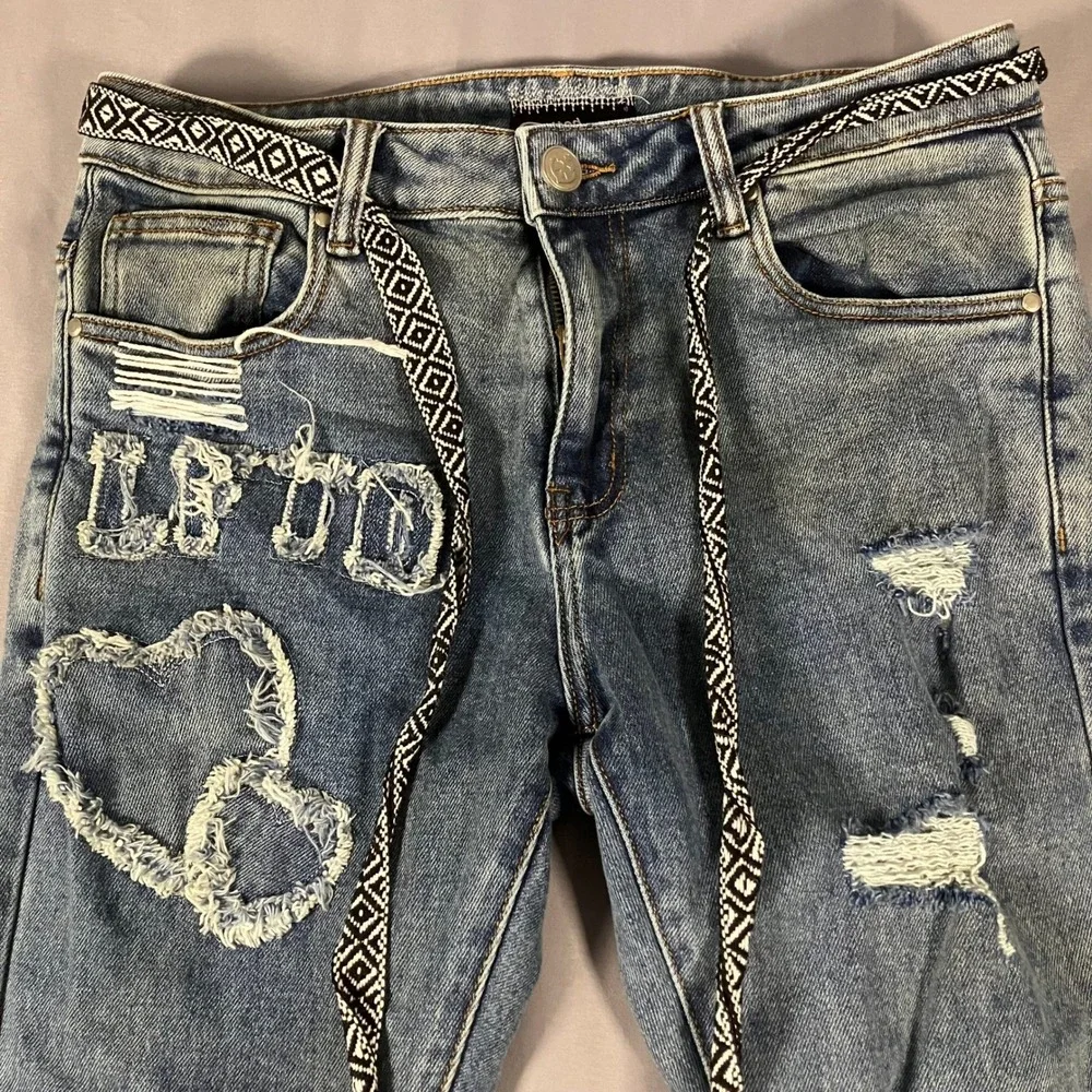 Lifted Anchors Mens 32 Distressed Jeans Customized Tribal Belt LFOD Blue Denim